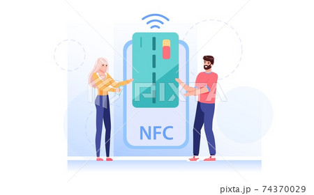 Flat cartoon character makes nfc contactless card payment,vector illustration concept Flat cartoon character makes nfc contactless card payment,vector illustration concept 74370029
