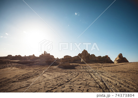 Sunset on yardang landform landscape in west of china 74373804