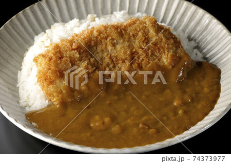 大きい豚カツが真ん中に一枚乗っているカツカレーを黒背景で撮影 大きい豚カツが真ん中に一枚乗っているカツカレーを黒背景で撮影 74373977