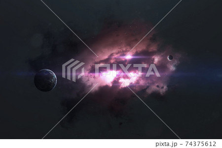 Science fiction space wallpaper, incredibly beautiful planets, galaxies, dark and cold beauty of endless universe. Elements of this image furnished by NASA 74375612