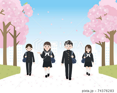 学生 中高生 桜 桜並木 通学 風景 イラスト素材のイラスト素材