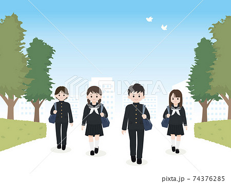 学生　中高生　通学　風景　イラスト素材 74376285