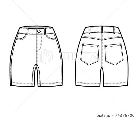 Denim short pants technical fashion illustration with mid-thigh length, normal waist, high rise, curved 5 pockets. 74376706