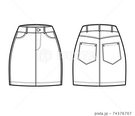 Denim skirt technical fashion illustration with mini length, normal waist, high rise, curved and angled pockets. Flat 74376707