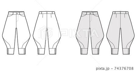 Riding breeches short pants technical fashion illustration with knee length, low waist, rise, curved pocket, buttoned. 74376708