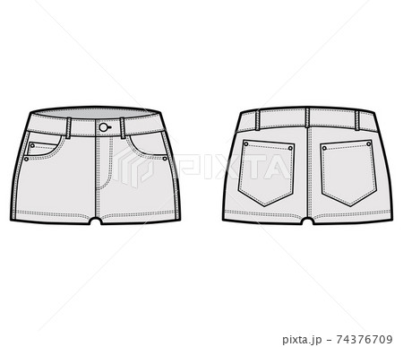 Denim hot short technical fashion illustration with micro length, curved, coin, angled 5 pockets, low rise waist. Flat 74376709