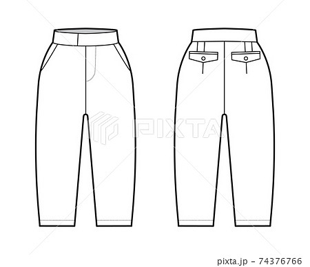 Short capri pants technical fashion illustration with knee length, normal waist, slashed pocket, extended waistband Short capri pants technical fashion illustration with knee length, normal waist, slashed pocket, extended waistband 74376766