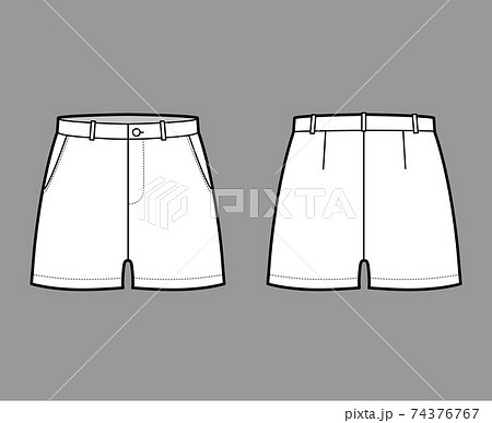 Short pants technical fashion illustration with mid-thigh length, low waist, rise, slashed pocket. Flat bottom apparel Short pants technical fashion illustration with mid-thigh length, low waist, rise, slashed pocket. Flat bottom apparel 74376767