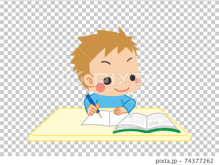 教科書を読みながらノートに書き記して勉強している可愛い小さな男の子のイラスト 家庭学習のイラスト素材