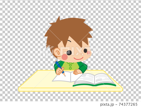 教科書を読みながらノートに書き記して勉強している可愛い小さな男の子のイラスト 家庭学習のイラスト素材