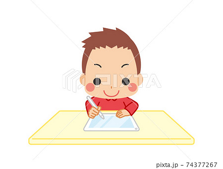 タブレット端末で勉強する可愛い小さな男の子のイラスト Eラーニング 家庭学習のイラスト素材