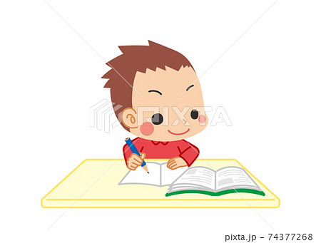 教科書を読みながらノートに書き記して勉強している可愛い小さな男の子のイラスト 家庭学習のイラスト素材