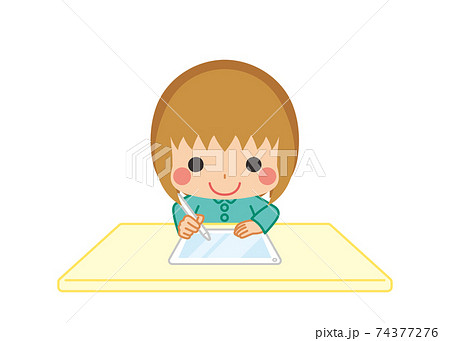 タブレット端末で勉強する可愛い小さな女の子のイラスト Eラーニング 家庭学習のイラスト素材