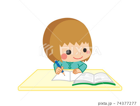 教科書を読みながらノートに書き記して勉強している可愛い小さな女の子のイラスト 家庭学習のイラスト素材