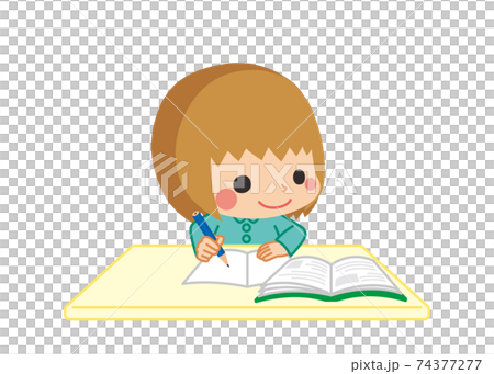 教科書を読みながらノートに書き記して勉強している可愛い小さな女の子のイラスト 家庭学習のイラスト素材
