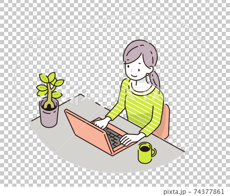 パソコンで仕事・勉強をする女性のイラスト パソコンで仕事・勉強をする女性のイラスト 74377861