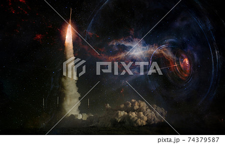 Spaceship launch to distant worlds and stars, exploration and space travel concept. Elements of this image furnished by NASA. 74379587