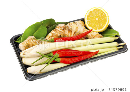 Chili, lemongrass, galangal root for cooking. Photo 74379691