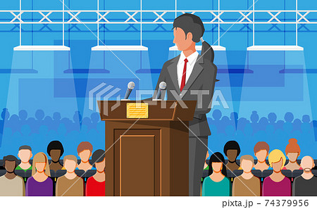 Orator speaking from tribune. Public speaker. 74379956