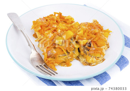 White fish fillet with stewed vegetables. Photo White fish fillet with stewed vegetables. Photo 74380033