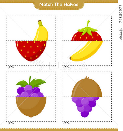 Match the halves. Match halves of Fruits. Educational children game, printable worksheet, vector illustration Match the halves. Match halves of Fruits. Educational children game, printable worksheet, vector illustration 74380977