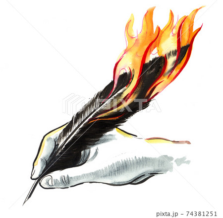 Hand writing with a burning quill. Ink and watercolor sketch 74381251