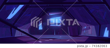 Old attic in abandoned house at night 74382063