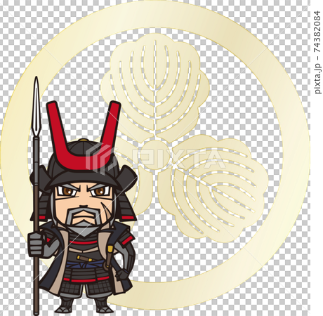 槍を持って立つマンガっぽい島左近【2頭身・家紋】 槍を持って立つマンガっぽい島左近【2頭身・家紋】 74382084
