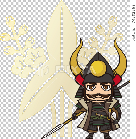 槍を持って立つマンガっぽい福島正則【2頭身・家紋】 74382368