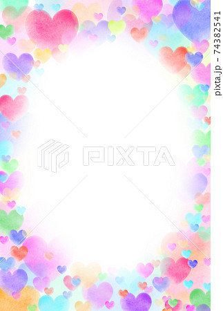 ハート素材 カラフルな水彩のハートで作られた楕円フレーム 縦 枠内白 他色有りのイラスト素材