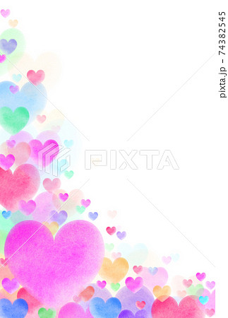 ボランテイア素材 様々な色彩の水彩ハートが左斜め下から湧き上がるイメージ 縦 枠内白 他色有り ボランテイア素材 様々な色彩の水彩ハートが左斜め下から湧き上がるイメージ 縦 枠内白 他色有り 74382545