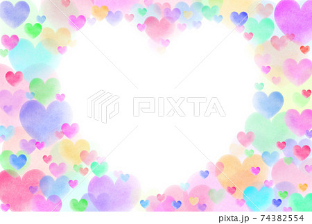 様々な色彩の水彩ハートで作られたハート形フレーム 横 枠内白 他色有り 74382554