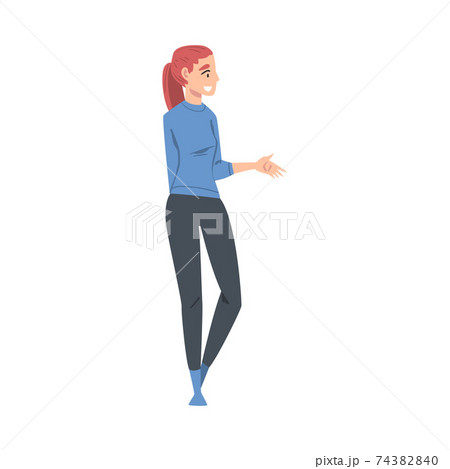 Girl Talking and Gesturing, Young Woman Communicating or Sharing Impressions Cartoon Style Vector Illustration 74382840
