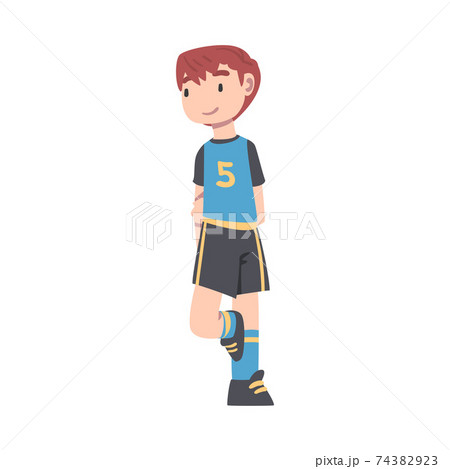 Cute Kid Soccer Player Character, Boy in Black and Blue Sports Uniform Playing Football on School Sports Field Cartoon Style Vector Illustration Cute Kid Soccer Player Character, Boy in Black and Blue Sports Uniform Playing Football on School Sports Field Cartoon Style Vector Illustration 74382923