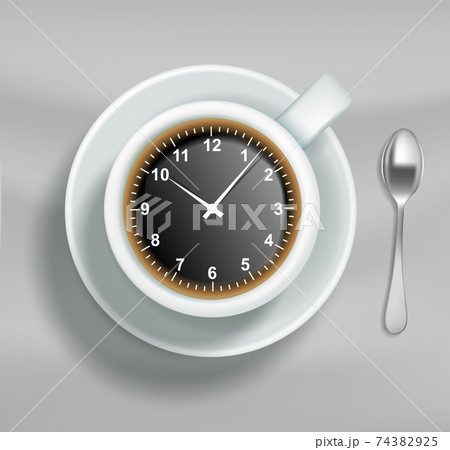 Time to drink coffee vector poster, banner design template. Cup of coffee with clock on saucer, top view illustration. Time to drink coffee vector poster, banner design template. Cup of coffee with clock on saucer, top view illustration. 74382925