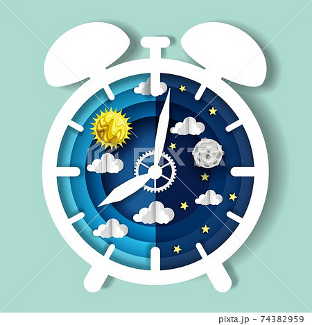 Paper Cut Craft Style Clock With Day And Night のイラスト素材