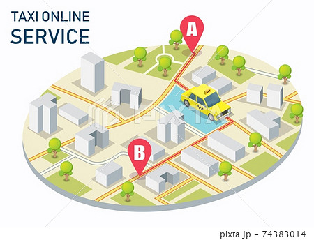 City taxi online service vector concept illustration. Isometric city map with yellow taxi cab, location pins. City taxi online service vector concept illustration. Isometric city map with yellow taxi cab, location pins. 74383014