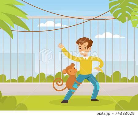 Cute Boy Playing with Monkey on Green Lawn, Kid Interacting with Animal in Petting Zoo Cartoon Vector Illustration Cute Boy Playing with Monkey on Green Lawn, Kid Interacting with Animal in Petting Zoo Cartoon Vector Illustration 74383029