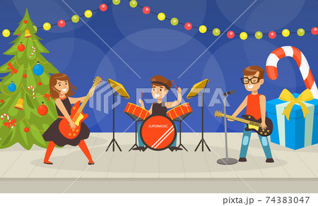 Kids Playing Music and Singing on Christmas Holidays, Child Music Band Performing on Stage Cartoon Vector Illustration 74383047