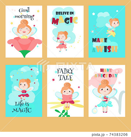 Vector set of cards with cute little fairies 74383206