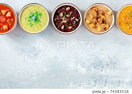 Vegan soups background with a place for text. Various cream soups 74383516
