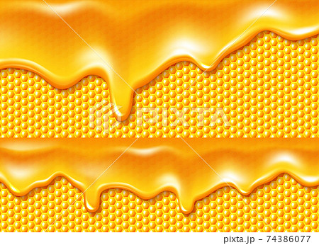 Honey dripping at bee honeycombs background 3d 74386077