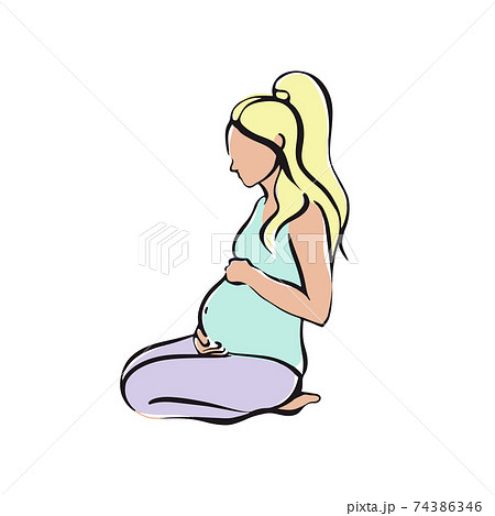 Pregnant girl sits and holds on to a ha belly 74386346