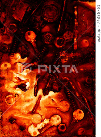 Imprint of rusty screws, keys, nuts, springs and other items Imprint of rusty screws, keys, nuts, springs and other items 74386761