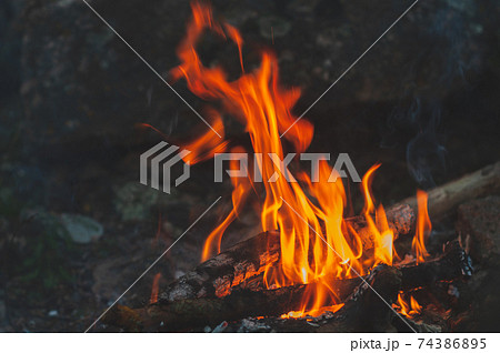 Small flame dying fire, bright red-orange flame. Cozy warm atmosphere by outdoors campfire recreation, burning wood. Small flame dying fire, bright red-orange flame. Cozy warm atmosphere by outdoors campfire recreation, burning wood. 74386895
