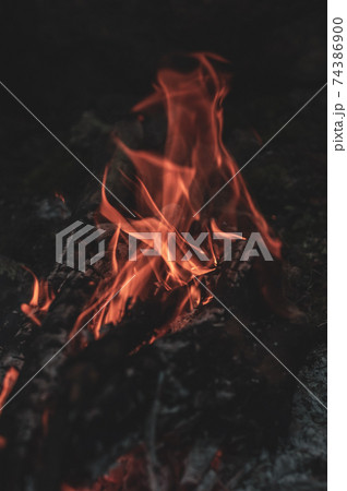 Blurred background. Small flame dying fire, bright red-orange flame. Cozy warm atmosphere by outdoors campfire recreation, burning wood. Blurred background. Small flame dying fire, bright red-orange flame. Cozy warm atmosphere by outdoors campfire recreation, burning wood. 74386900
