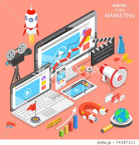 Digital video marketing flat isometric vector. Digital video marketing flat isometric vector. 74387311