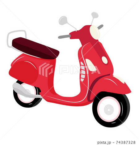 Red vintage scooter on white background isolated, vector illustration, urban life, ride a motorbike in the city. Rent motorbike. Food and box delivery concept. Editable EPS 10. Red vintage scooter on white background isolated, vector illustration, urban life, ride a motorbike in the city. Rent motorbike. Food and box delivery concept. Editable EPS 10. 74387328