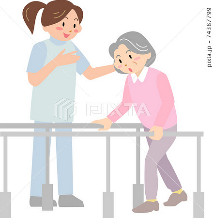 歩くリハビリをするシニア女性のイラスト素材