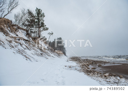 Baltic Sea wild beach is snowy in winter and there are big waves 74389502